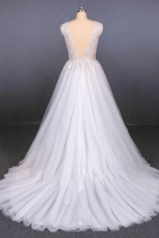 Sexy V Neck Tulle Wedding Dress With Lace Appliques, A Line Backless Bridal Dress N2287 Chic Bridal Gown