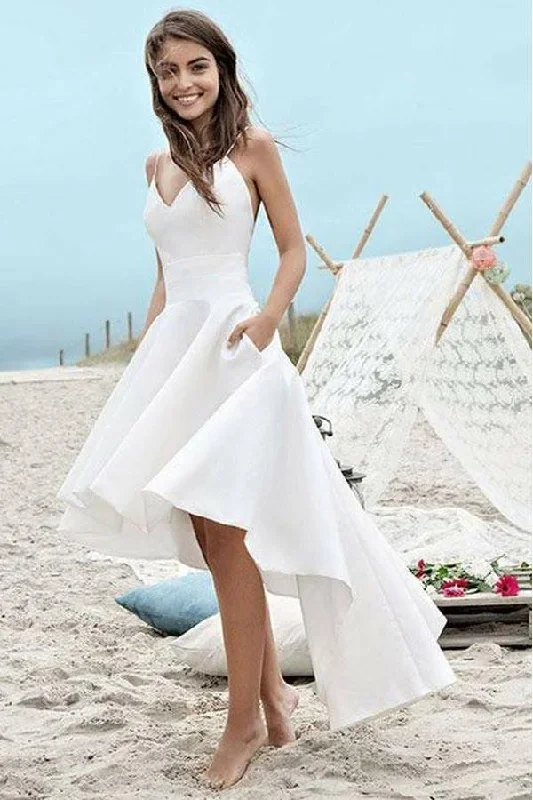 Simple Spaghetti Straps V-neck High Low Short Prom Dress Beach Wedding Dress N562 Sparkling Wedding Dress