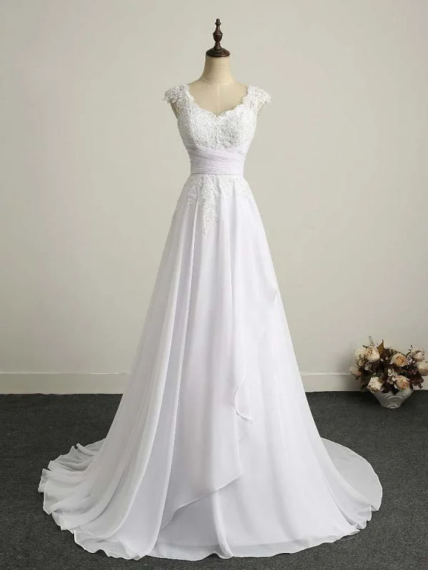 Appliques V-Neck Lace-Up Chiffon Wedding Dresses Sheer Wedding Dress