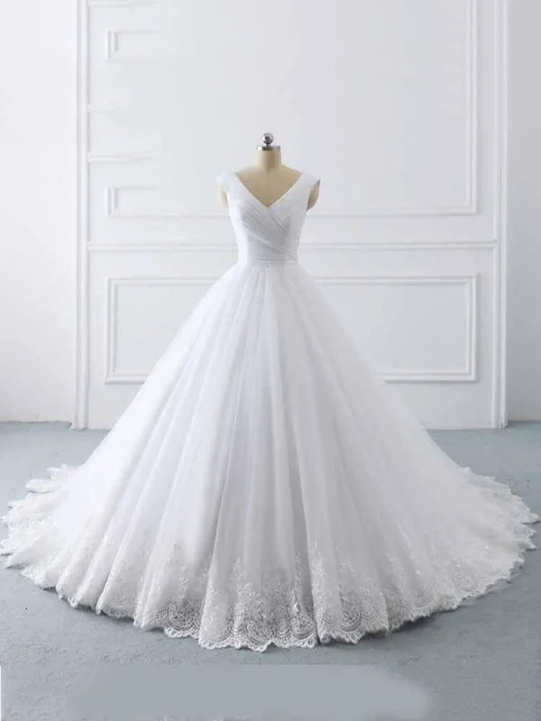 Simple V-Neck Lace-Up Ruffles Ball Gown Wedding Dresses Beaded Lace Wedding