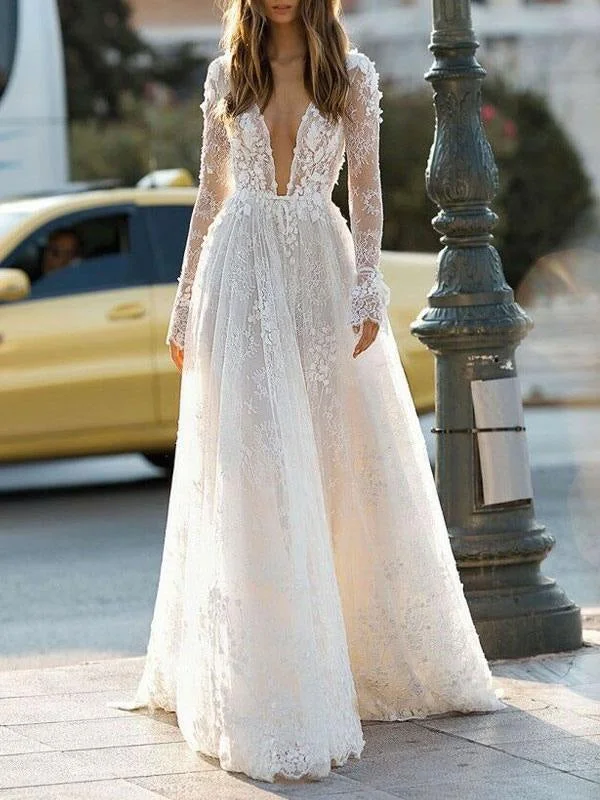 Simple Wedding Dress A Line V Neck Long Sleeves Lace Floor Length Bridal Gowns Vintage Wedding Gown