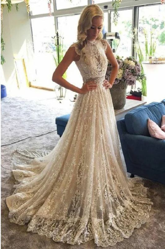 Stunning Appliques High Neck Lace Wedding Dresses with Sequins Off-shoulder Bridal Gown