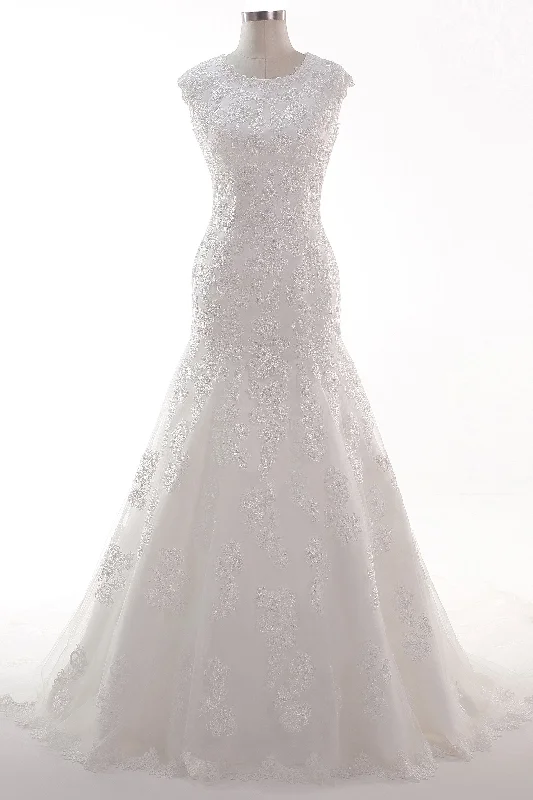 Trumpet-Mermaid Chapel Train Tulle Lace Wedding Dress CW2454 Lace V-neck Dress