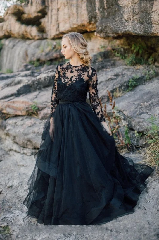 Vintage Black A-Line Long Sleeves Wedding Dress With Ruffles Appliques Lace Tulle Sparkling Bridal Gown