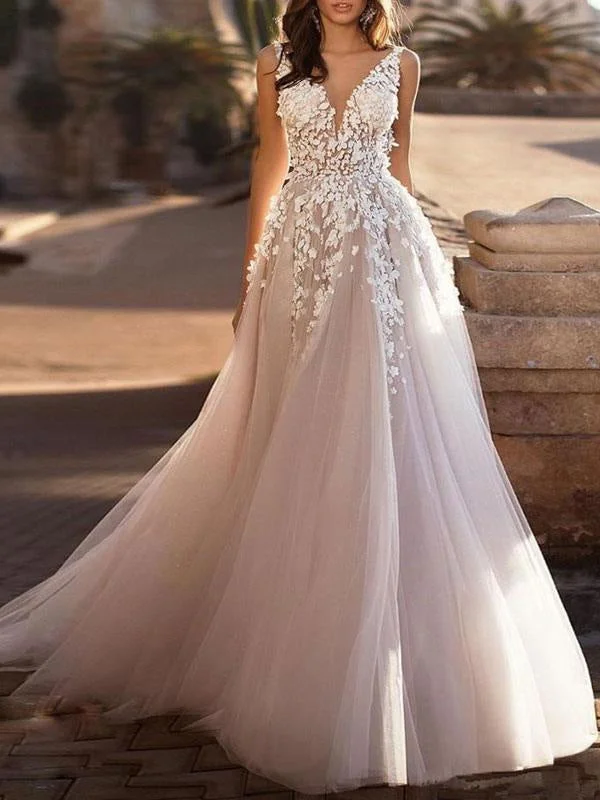 Wedding Dresses 2021 Tulle Deep V Neck A Line Sleeveless Multilayer Tulle Lace Applique Classic Bridal Gowns With Train Elegant A-line Gown