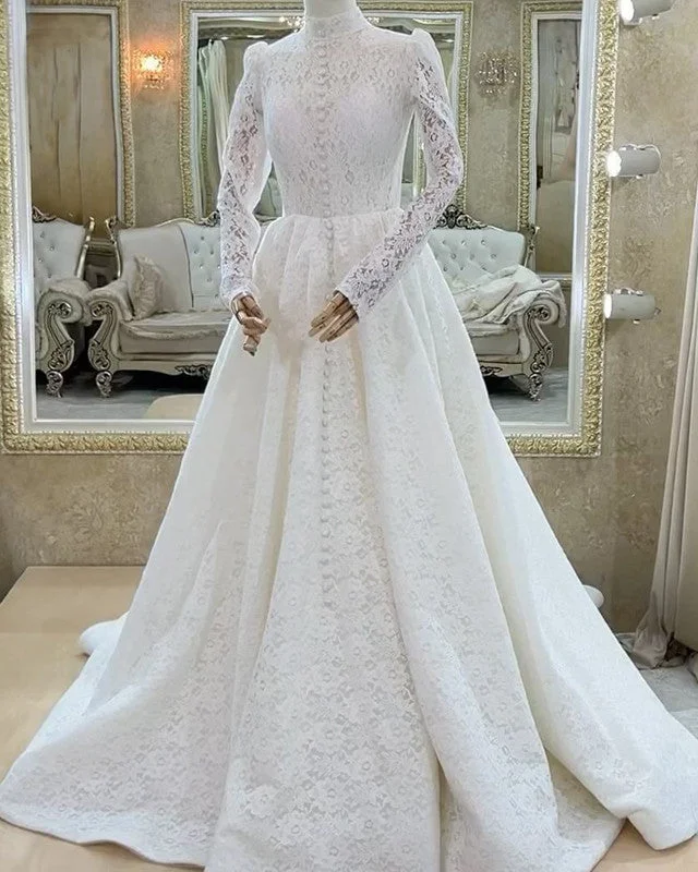 Modest Lace High Neck Long Sleeve Wedding Dress Simple Wedding Gown