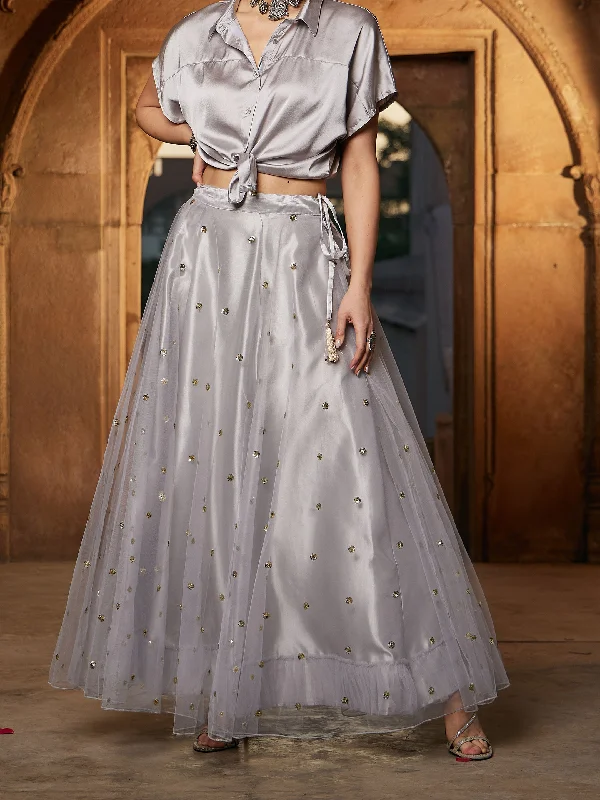 Lyush Women Grey Tulle Sequin Anarkali Skirt Side-tie unclassified skirts