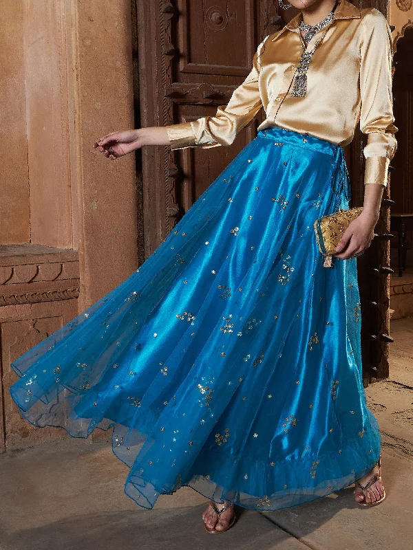 Lyush Women Teal Tulle Sequin Bias Flare Anarkali Skirt Chiffon unclassified skirts