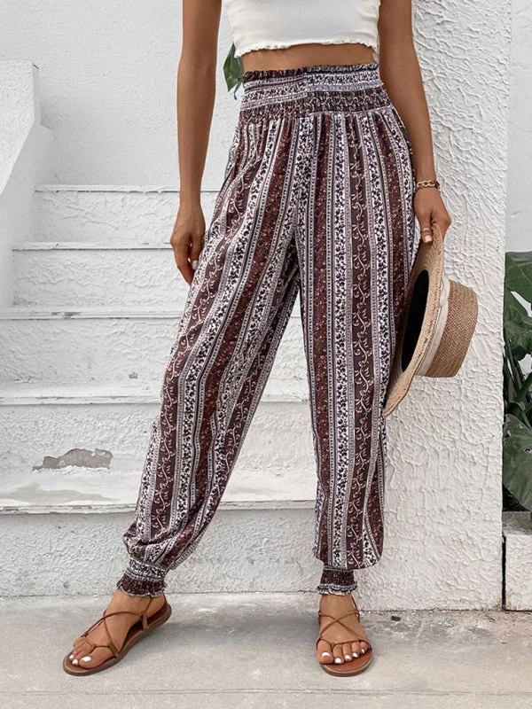 Women's new elastic trousers ethnic style high waist printed trousers Pleated unclassified skirts