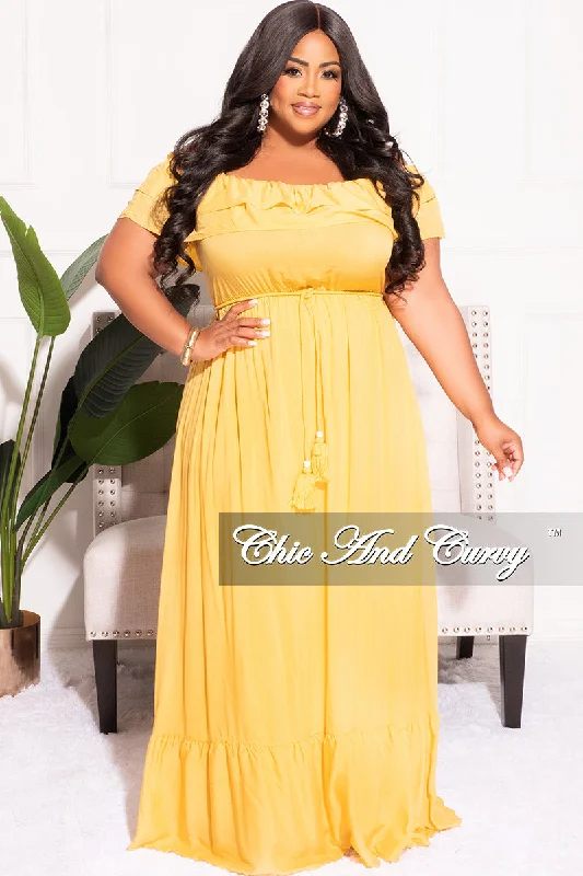 Final Sale Plus Size Off the Shoulder Ruffle Maxi Dress in Mustard Long sleeve maxi dresses