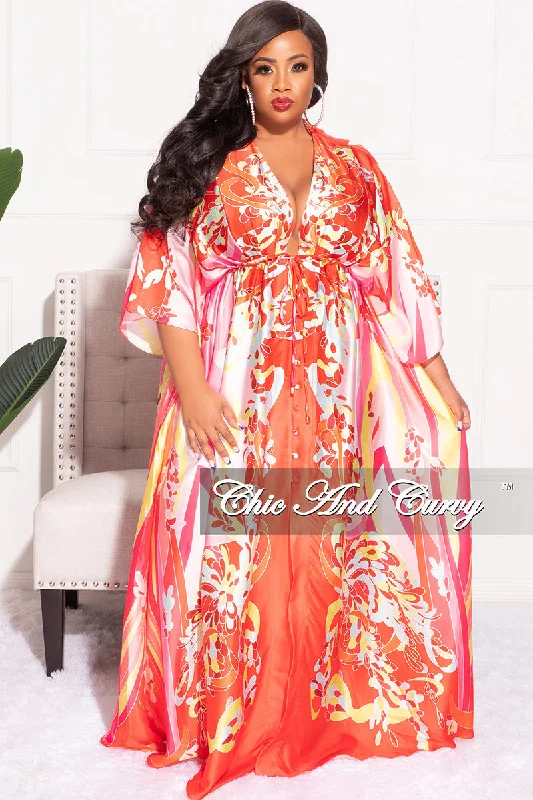 Final Sale Plus Size Satin Button Up Maxi Dress in Red Pink and Neon Yellow Design Print Tiered maxi dresses