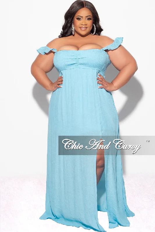 Final Sale Plus Size Off the Shoulder Smocked Maxi Dress in Soft Blue Spring maxi dresses