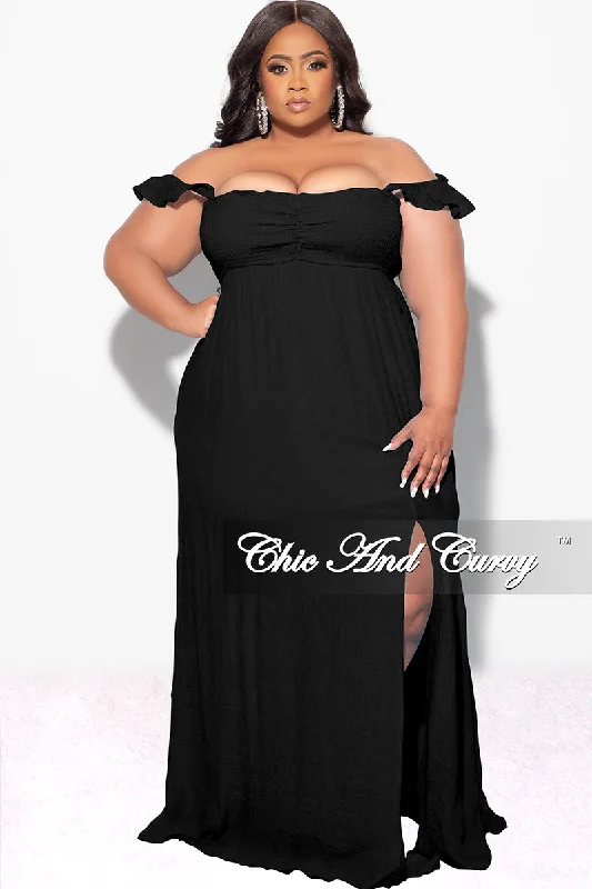 Final Sale Plus Size Off the Shoulder Smocked Maxi Dress in Black Summer party maxi dresses