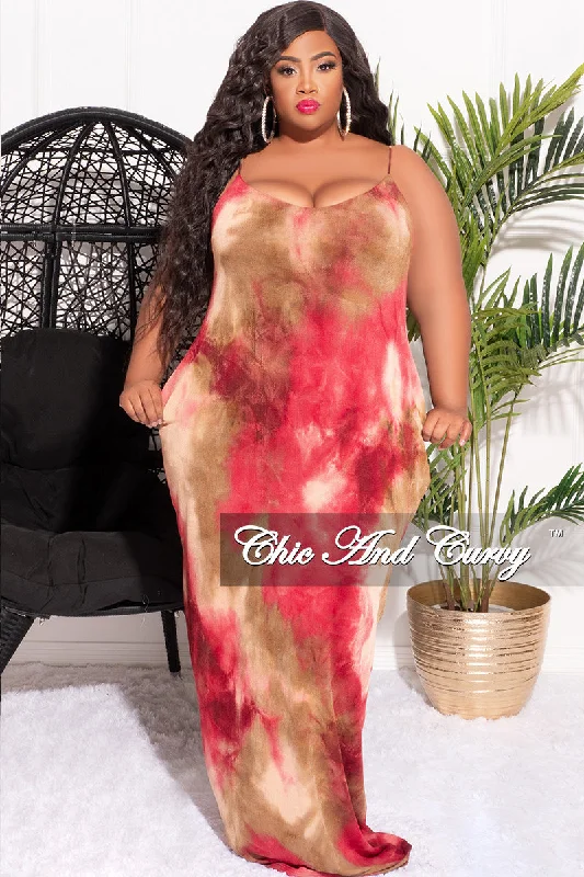 Final Sale Plus Size Spaghetti Strap Maxi Dress in Red and Brown Tie Dye Wrap maxi dresses