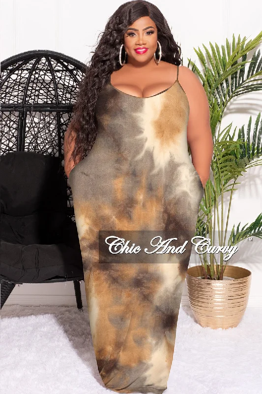 Final Sale Plus Size Spaghetti Strap Maxi Dress Brown Tie Dye Stretchy maxi dresses