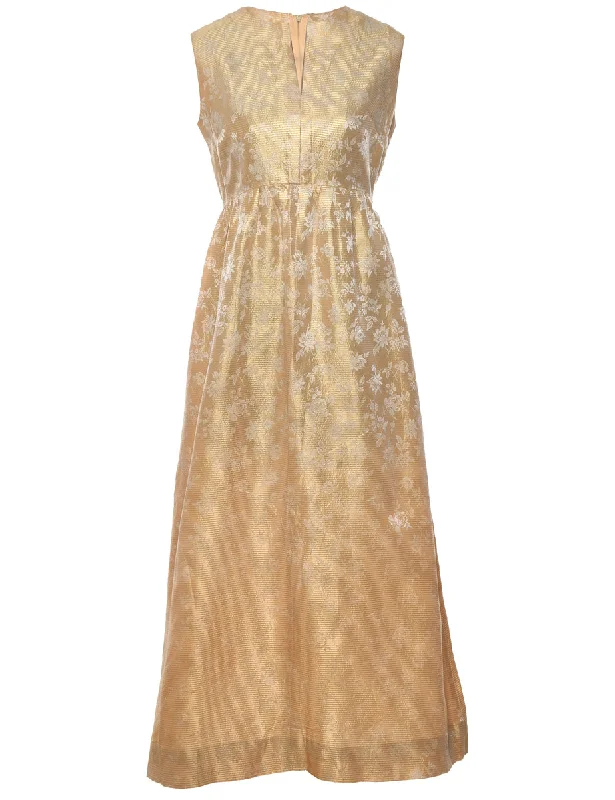 1970s Gold Sleeveless Jacquard Maxi Dress - M Cocktail maxi dresses