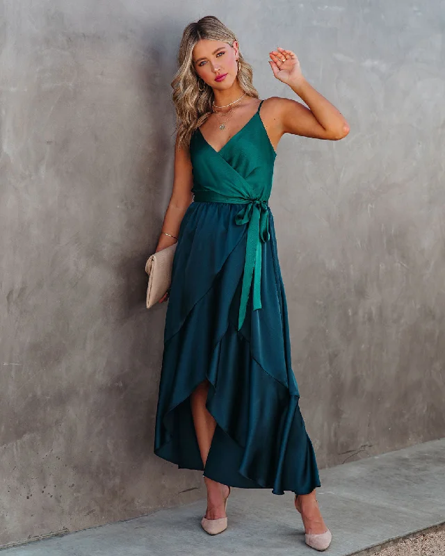 Ansley Satin Colorblock High Low Maxi Dress - Green Navy Wedding guest maxi dresses