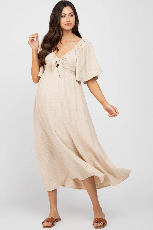 Beige Textured Dot Front Tie Ruffle Sleeve Maternity Midi Dress Date night midi dresses