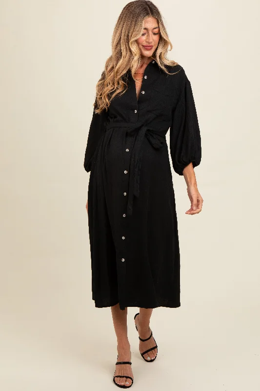 Black Button Down Maternity Midi Dress Comfortable midi dresses for everyday wear