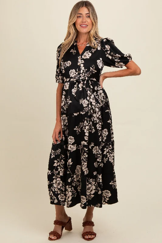 Black Floral Button Down Front Tie Maternity Midi Dress Bodycon midi dresses