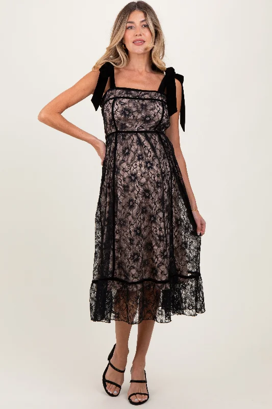 Black Floral Lace Velvet Tie Strap Maternity Midi Dress Corset midi dresses