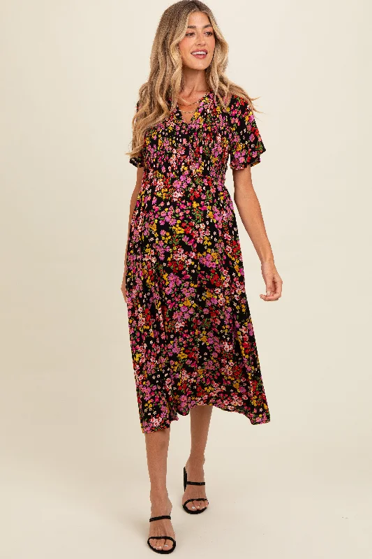 Black Floral Smocked Button Up Maternity Midi Dress Clubbing midi dresses