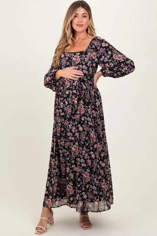 Black Floral Square Neck Front Tie Maternity Midi Dress Graduation midi dresses