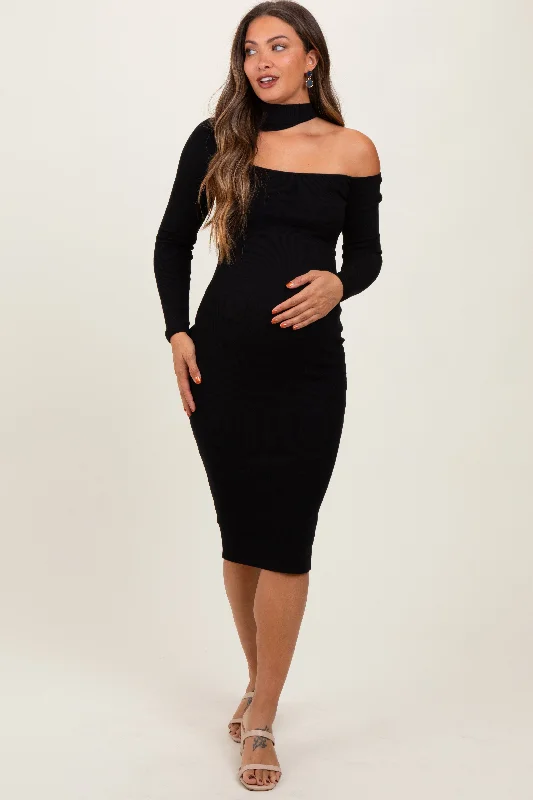 Black Mock Neck Cutout Maternity Fitted Midi Dress Birthday midi dresses