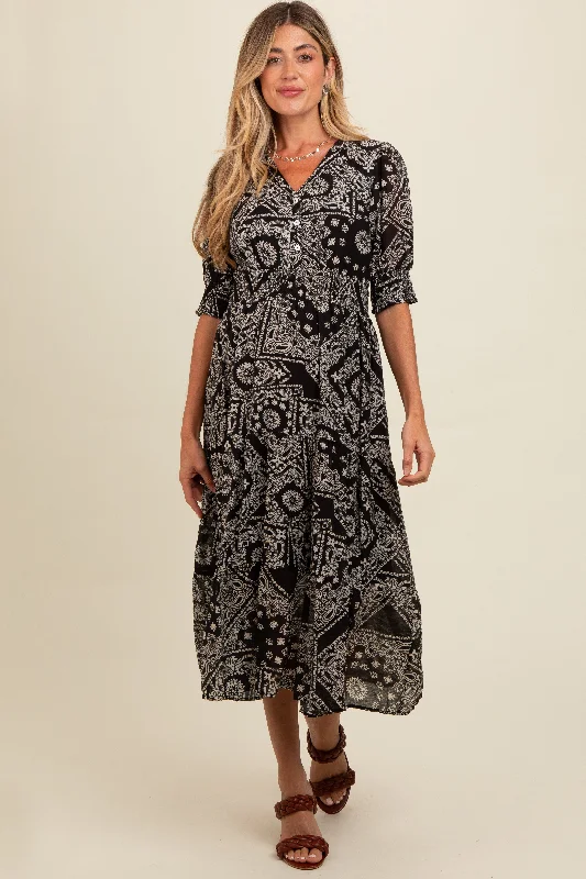 Black Paisley Button Front V-Neck Tiered Maternity Midi Dress Y2K midi dresses