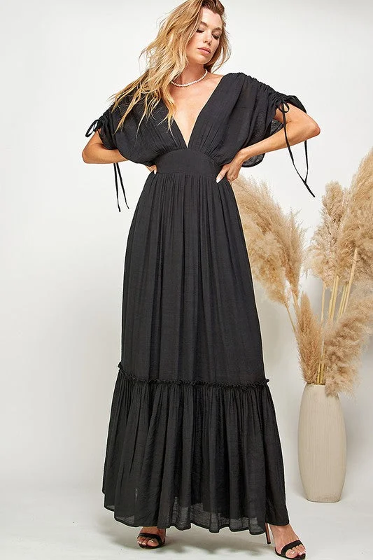 Black Ruffled & Tiered Plunge Neck Maxi Dress High-end maxi dresses