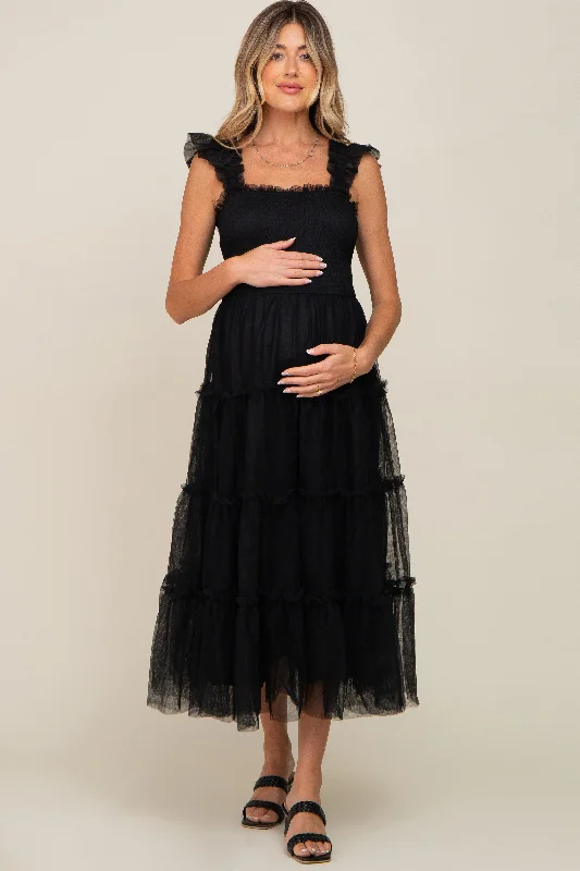 Black Smocked Mesh Ruffle Accent Maternity Midi Dress Hot new arrivals in midi dresses