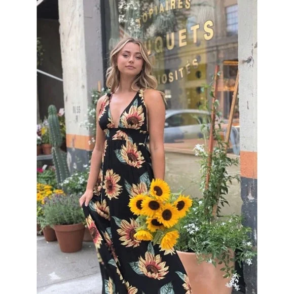 Black Sunflower Halter Double Strap Long Full Length Maxi Dress Spring Summer Trendy maxi dresses under $50