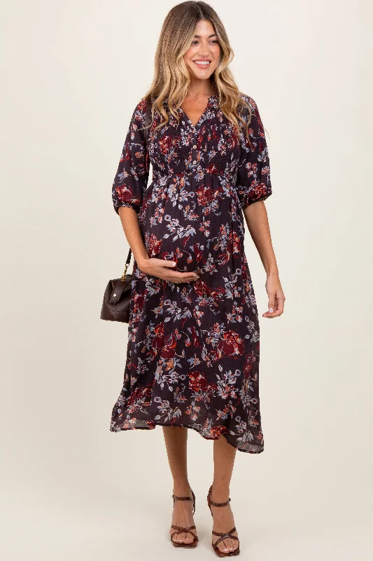 Brown Floral Smocked Button Down Maternity Midi Dress Boohoo midi dresses