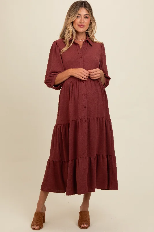 Brown Tiered Button Down Maternity Midi Dress Expensive midi dresses