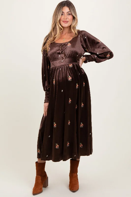 Brown Velvet Embroidered Floral Maternity Midi Dress Date night midi dresses