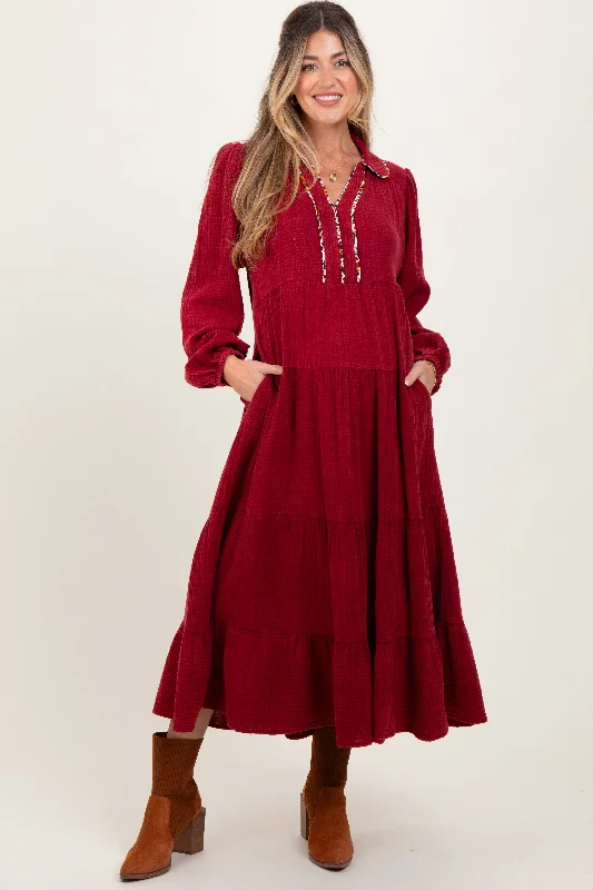 Burgundy Cotton Gauze Long Sleeve Tiered Maternity Midi Dress ASOS midi dresses