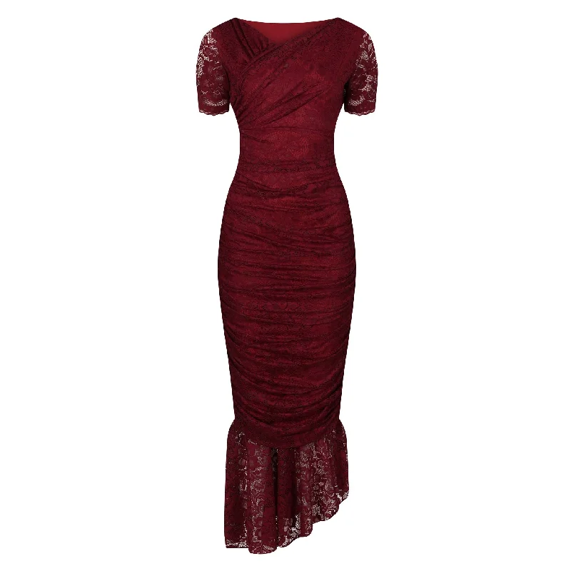 Burgundy Red Ruched Lace Maxi Dress Prom maxi dresses