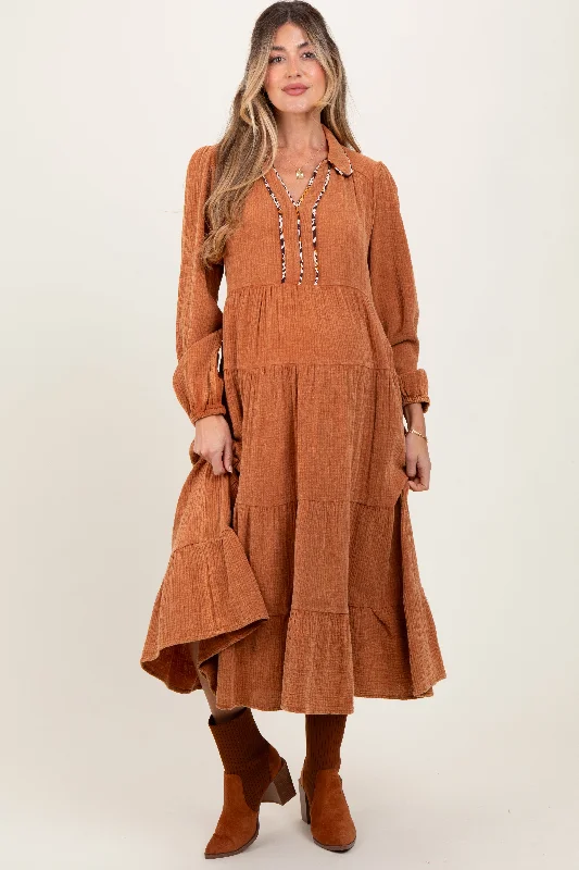 Camel Cotton Gauze Long Sleeve Tiered Maternity Midi Dress Boho midi dresses