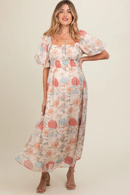 Cream Blue Floral Chiffon Puff Sleeve Maternity Midi Dress Women's trendy midi dresses sale