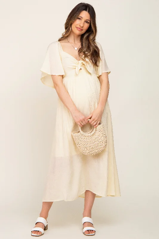 Cream Front Tie Ruffle Sleeve Maternity Midi Dress Minimalist midi dresses