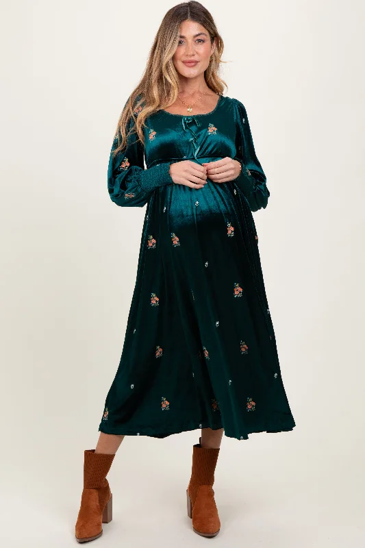 Deep Teal Velvet Embroidered Floral Maternity Midi Dress Sexy midi dresses