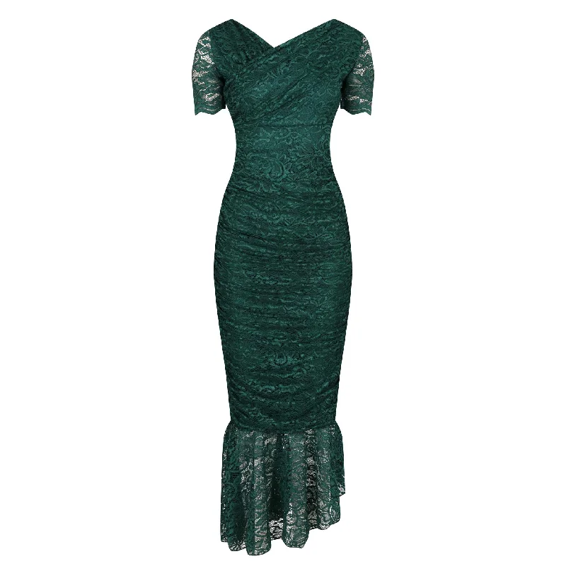 Emerald Green Ruched Lace Maxi Dress Birthday maxi dresses