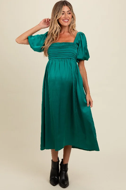 Emerald Green Satin Pleated Bodice Puff Sleeve Maternity Midi Dress Y2K midi dresses