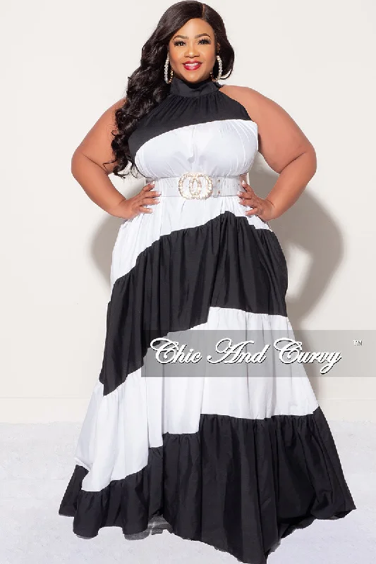 Final Sale Plus Size Halter Maxi Dress in Black & White Winter maxi dresses