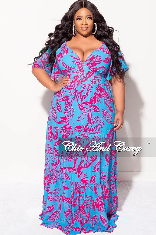 Final Sale Plus Size Deep V Chiffon Frill Tiered Maxi Dress In Blue and Fuchsia Design Print Affordable maxi dresses