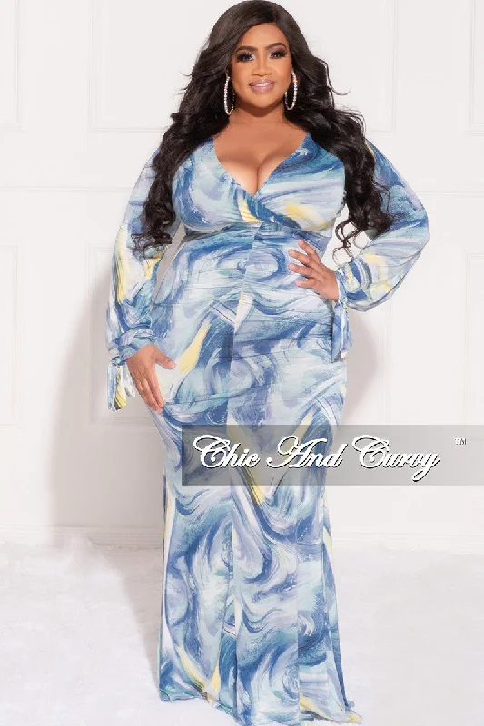 Final Sale Plus Size Faux Wrap Maxi Dress with Waist Tie in Blue and Green Design Print Budget-friendly maxi dresses