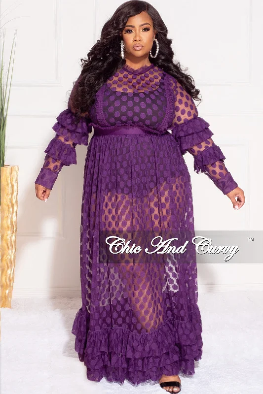 Final Sale Plus Size Polka Dot Sheer Maxi Dress with Ruffle Sleeves and Bottom in Purple Corset maxi dresses