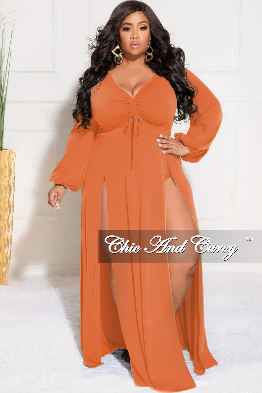 Final Sale Plus Size Ruched Maxi Dress with Double Slits in Orange Flattering maxi dresses for all body types