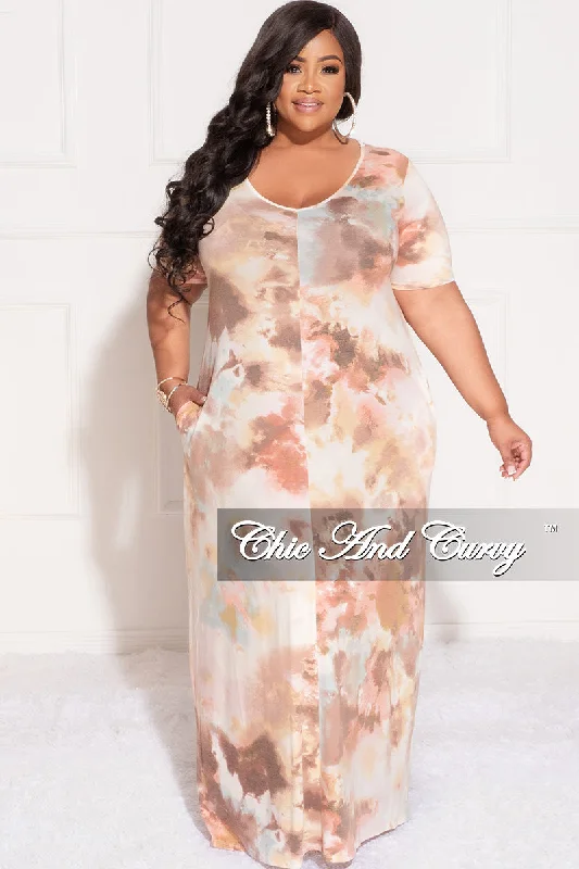 Final Sale Plus Size Short Sleeve Maxi Dress in Brown Multi Color Tie Dye Print High-end maxi dresses