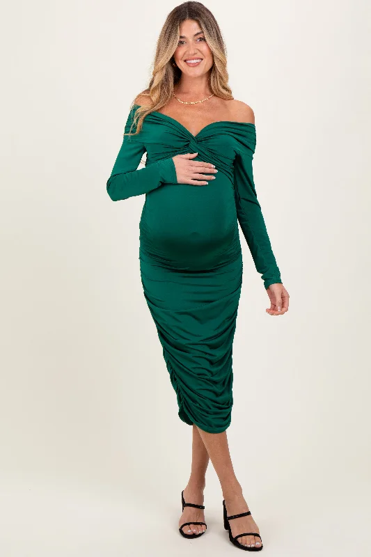 Green Off Shoulder Ruched Long Sleeve Maternity Midi Dress Clubbing midi dresses